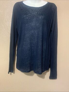 Amical size S 100% Linen Navy Long-Sleeve Crewneck Tee Back Embroidery